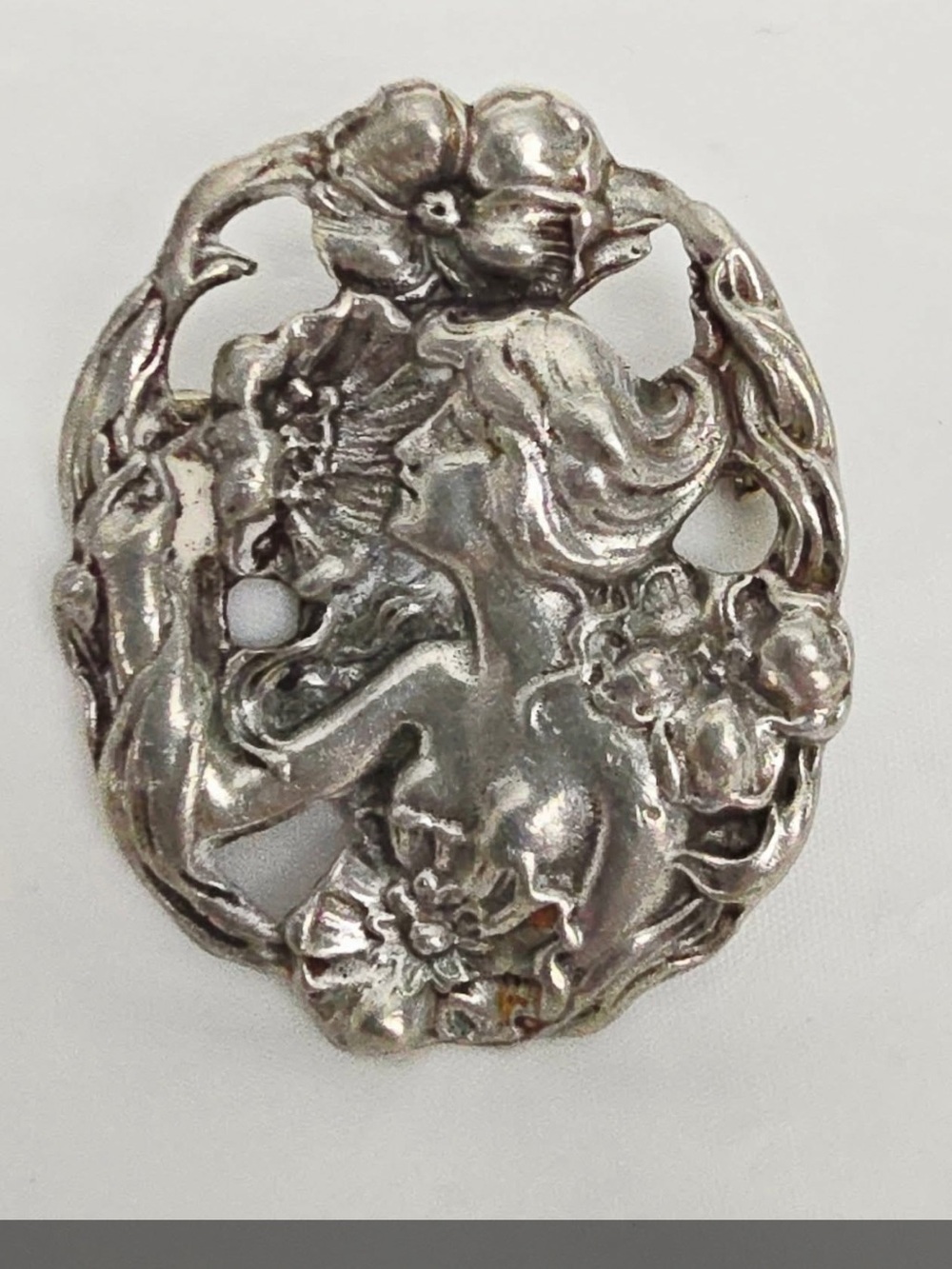 Vintage art nouveau pewter goddess lady brooch